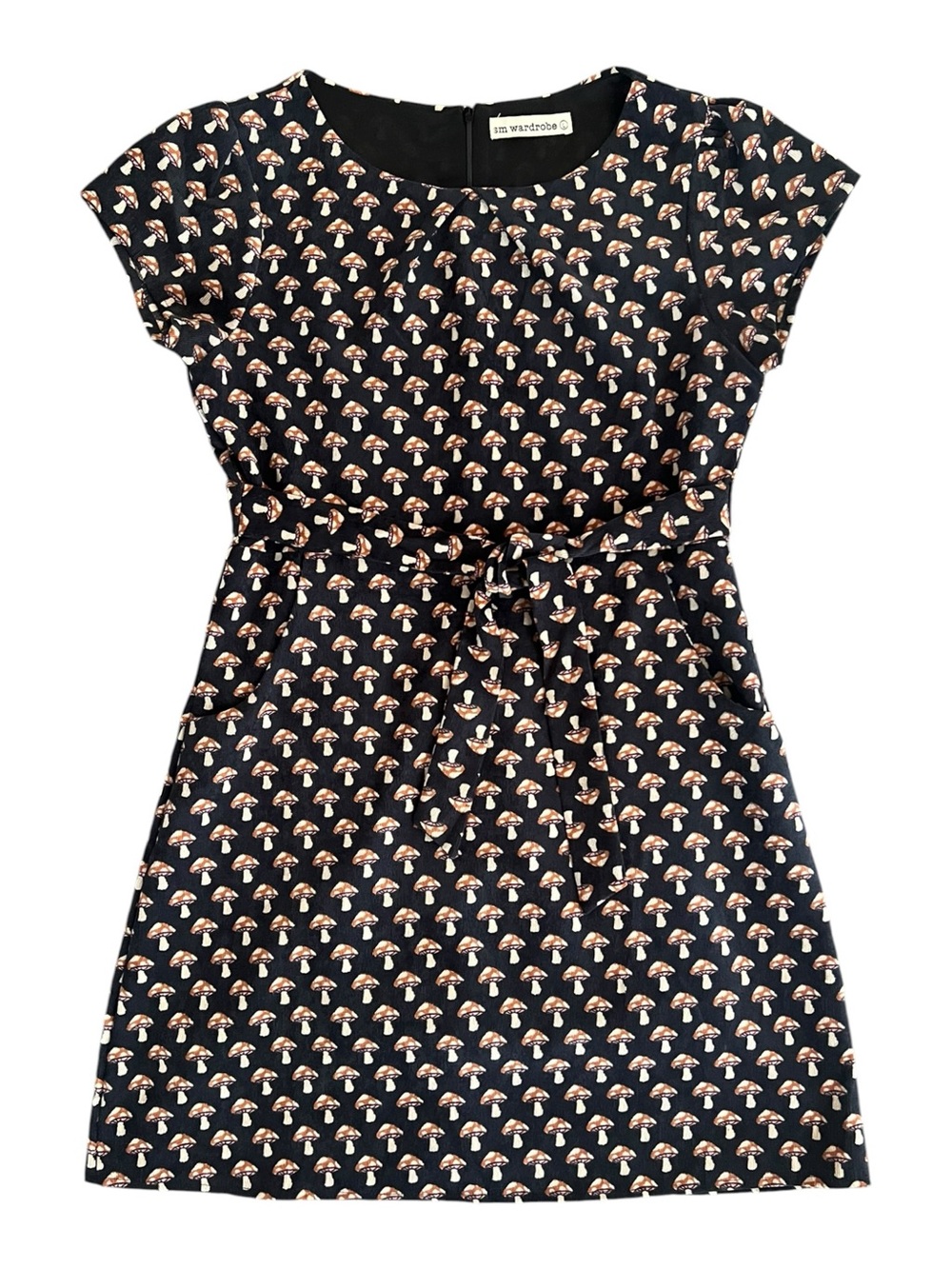 SM Wardrobe Black Mushroom Print Tie-Waist Dress Size Large Corduroy Cottagecore